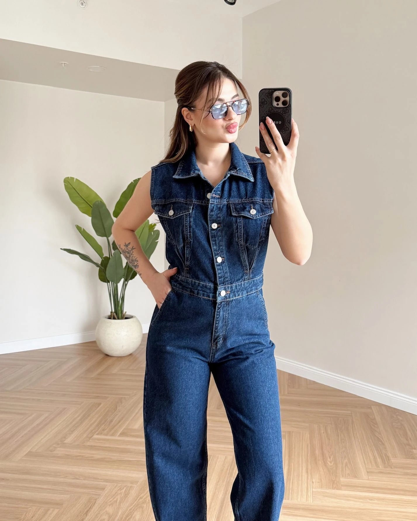 Sıfır Kol Denim Tulum - Koyu Mavi