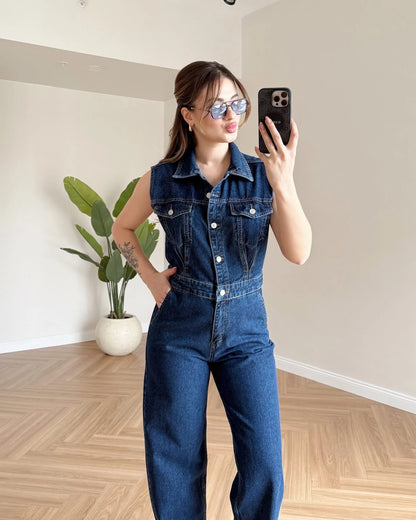Sıfır Kol Denim Tulum - Koyu Mavi