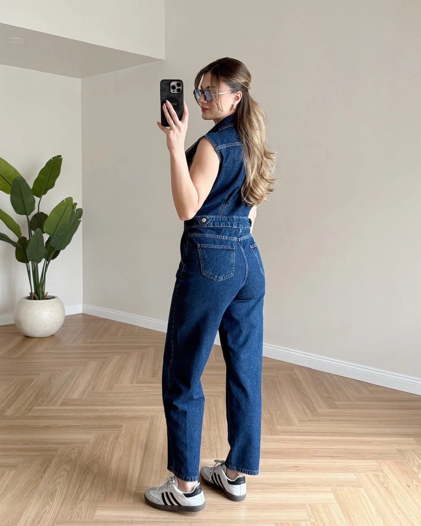 Sıfır Kol Denim Tulum - Koyu Mavi