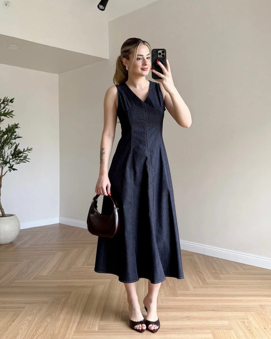 Sıfır Kol Eteği Kloş Denim Elbise - Koyu Mavi