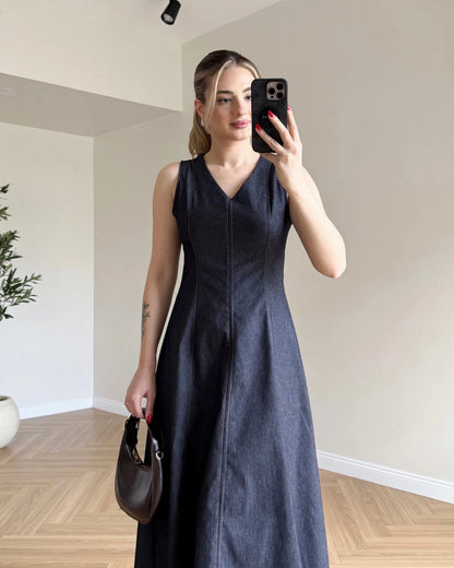 Sıfır Kol Eteği Kloş Denim Elbise - Koyu Mavi