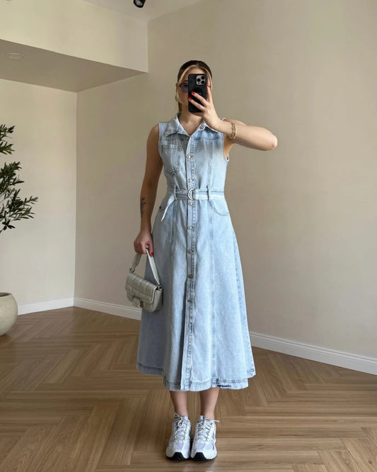 Sıfır Kol Kemerli Denim Elbise - Açık Mavi