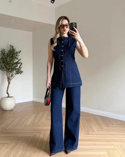 Sıfır Kol Yelekli Denim Takım - Koyu Mavi