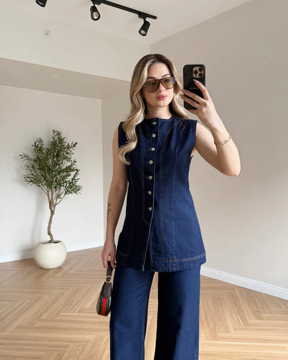 Sıfır Kol Yelekli Denim Takım - Koyu Mavi