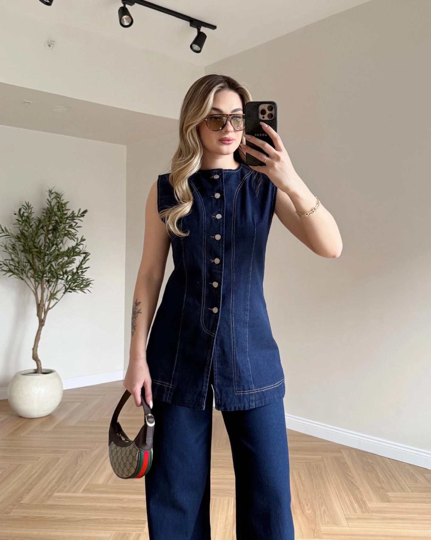Sıfır Kol Yelekli Denim Takım - Lacivert