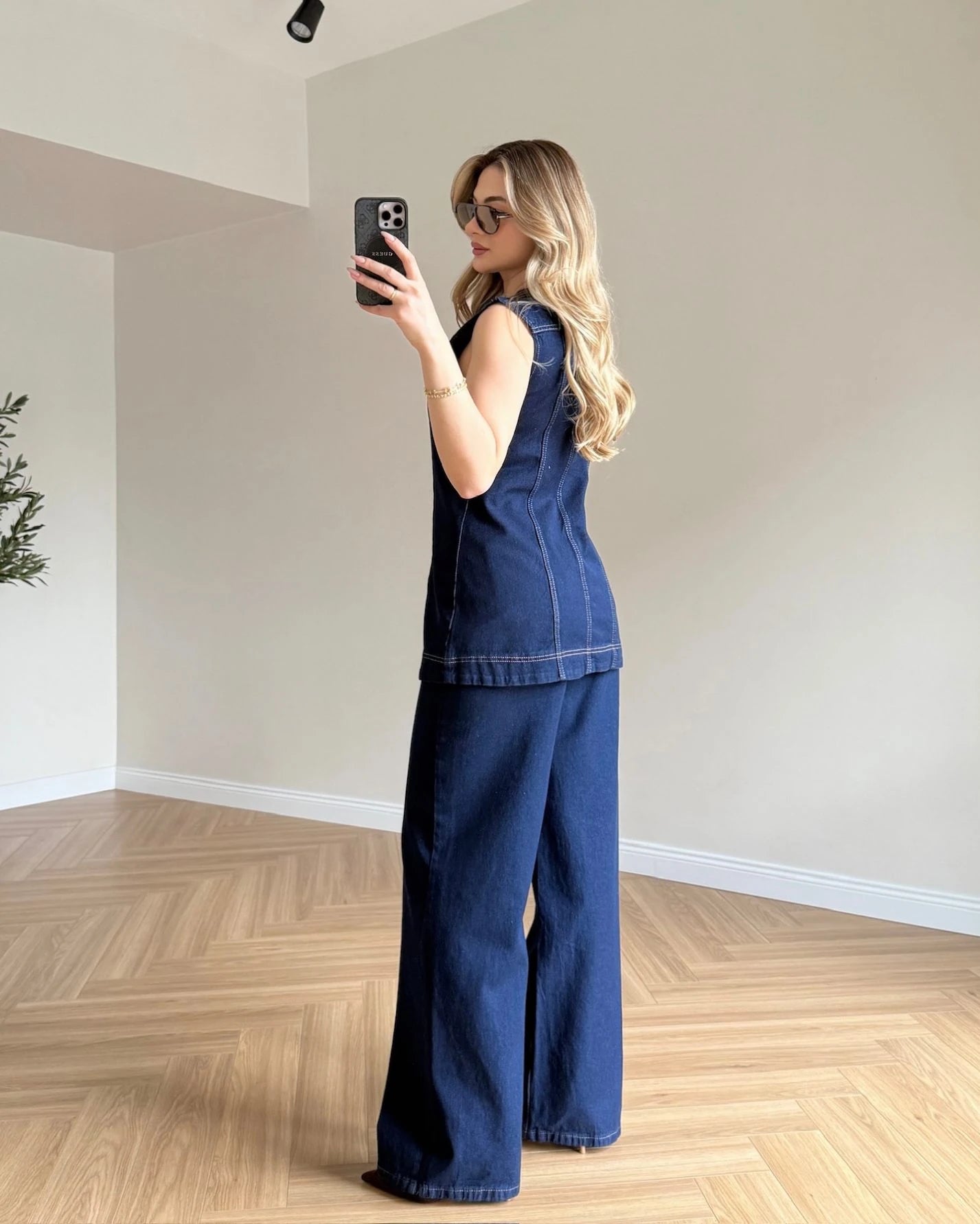 Sıfır Kol Yelekli Denim Takım - Koyu Mavi