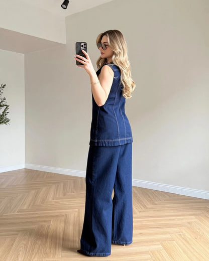 Sıfır Kol Yelekli Denim Takım - Koyu Mavi