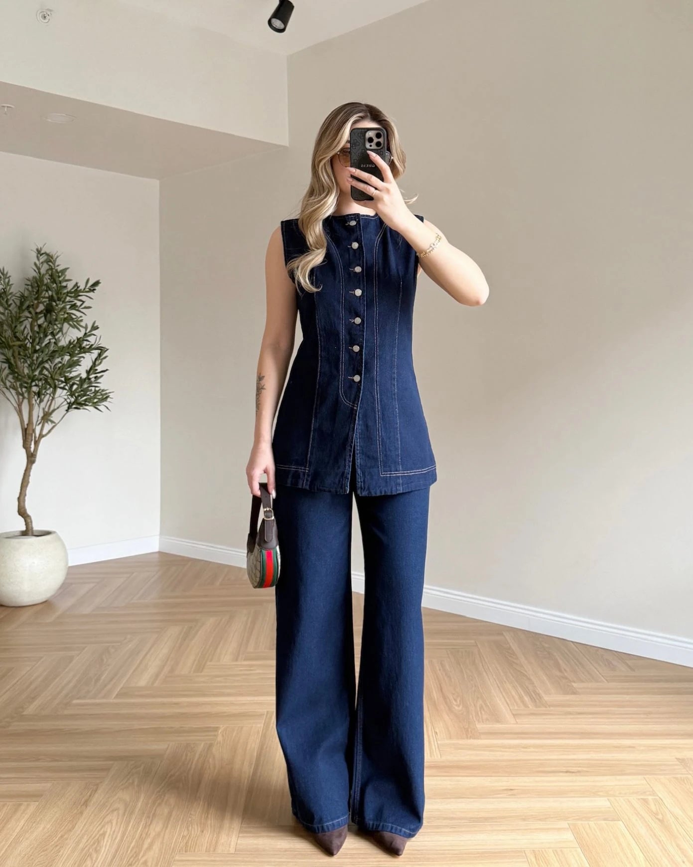 Sıfır Kol Yelekli Denim Takım - Lacivert