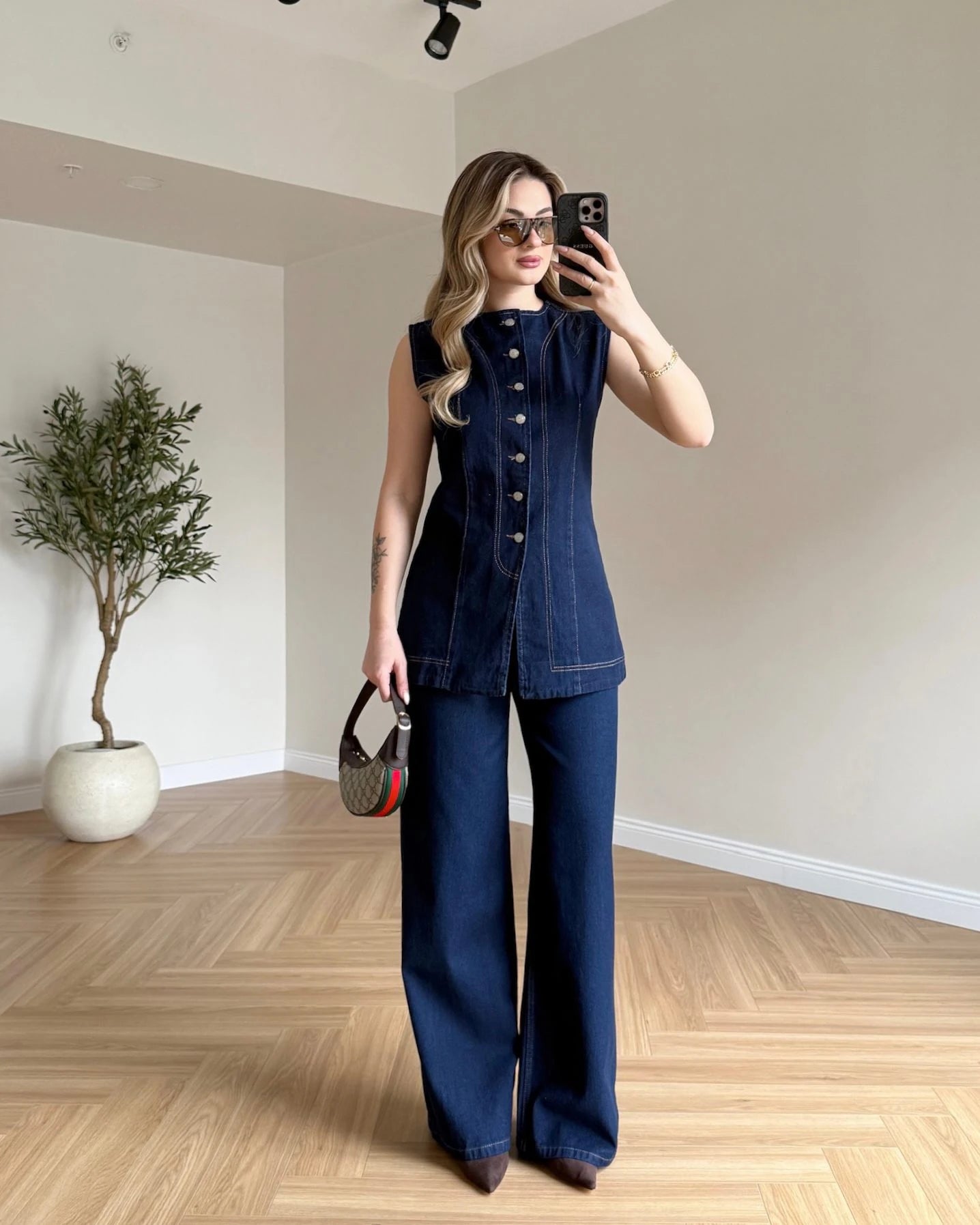 Sıfır Kol Yelekli Denim Takım - Koyu Mavi