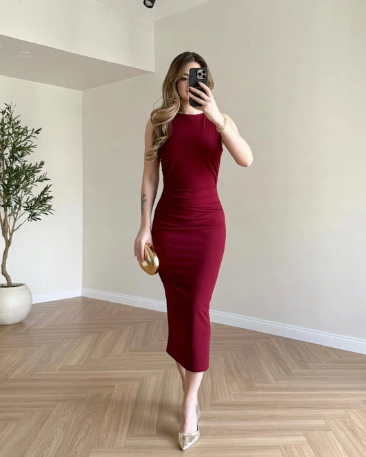 SOMMER Drapeli Sıfır Kol Elbise - Bordo