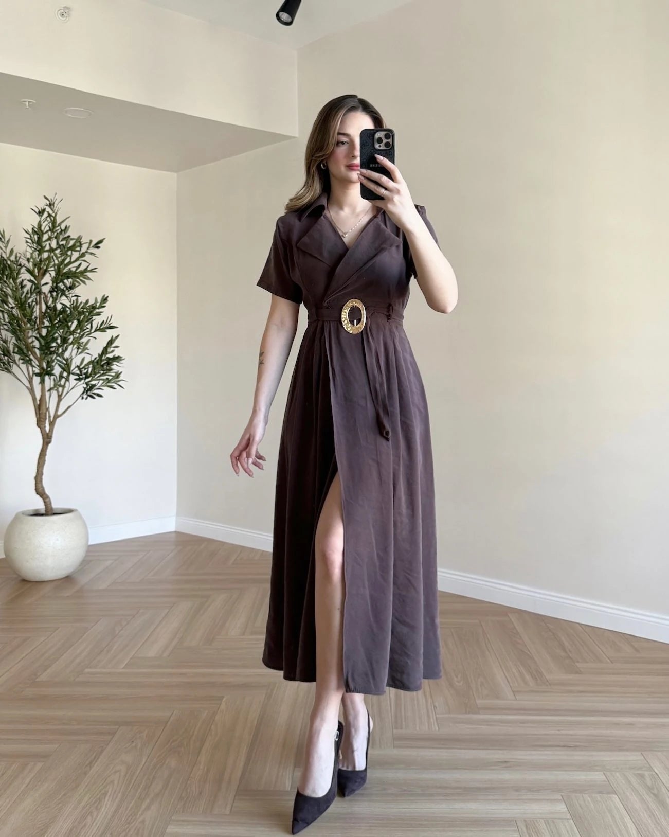 SOPHIA Kruvaze Yaka Tensel Elbise - Kahve