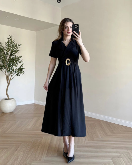 SOPHIA Kruvaze Yaka Tensel Elbise - Siyah