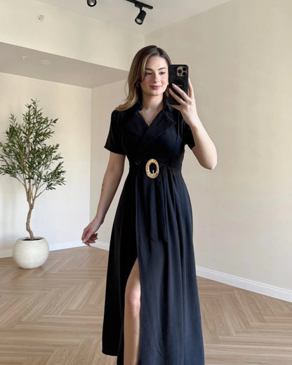 SOPHIA Kruvaze Yaka Tensel Elbise - Siyah