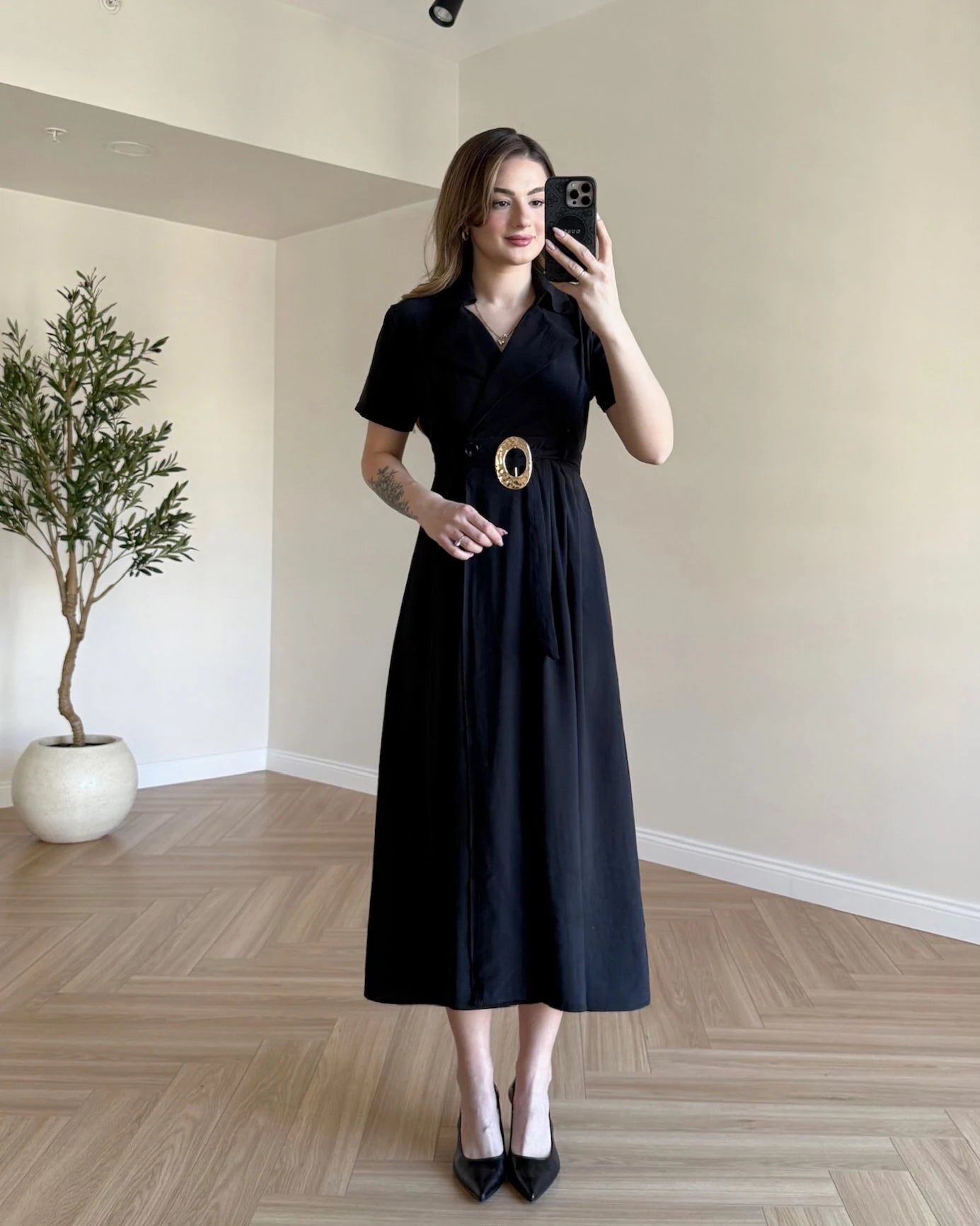 SOPHIA Kruvaze Yaka Tensel Elbise - Siyah
