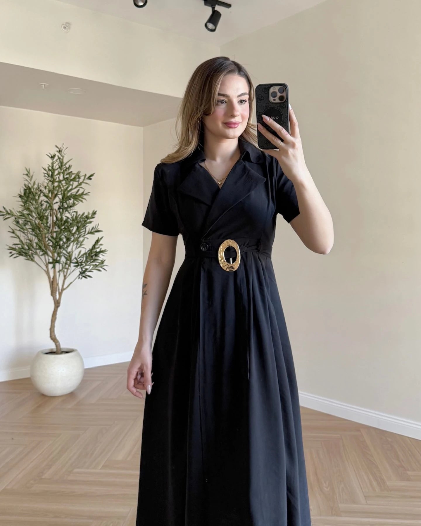SOPHIA Kruvaze Yaka Tensel Elbise - Siyah