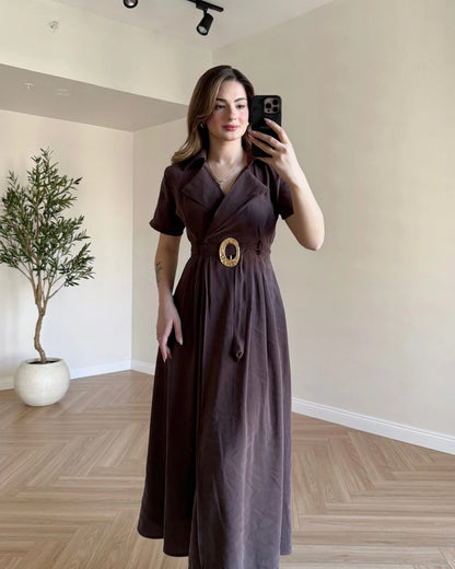 SOPHIA Kruvaze Yaka Tensel Elbise - Kahve