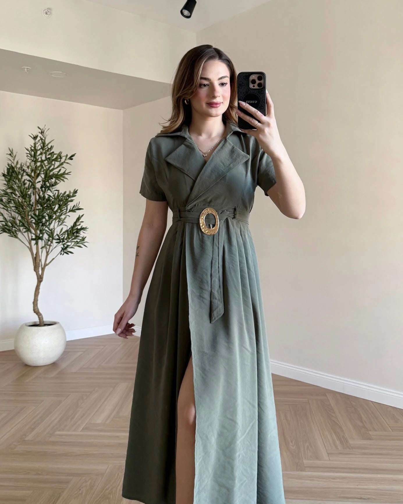 SOPHIA Kruvaze Yaka Tensel Elbise - Haki