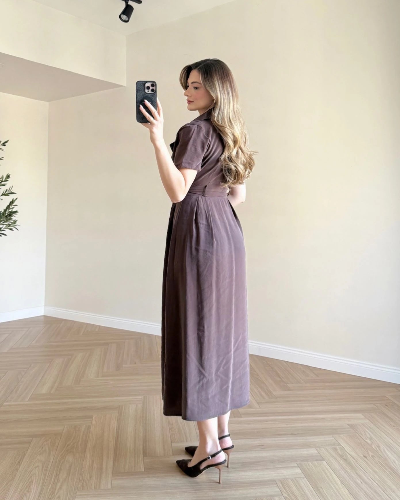 SOPHIA Kruvaze Yaka Tensel Elbise - Kahve