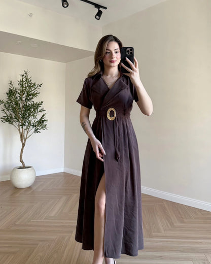 SOPHIA Kruvaze Yaka Tensel Elbise - Kahve