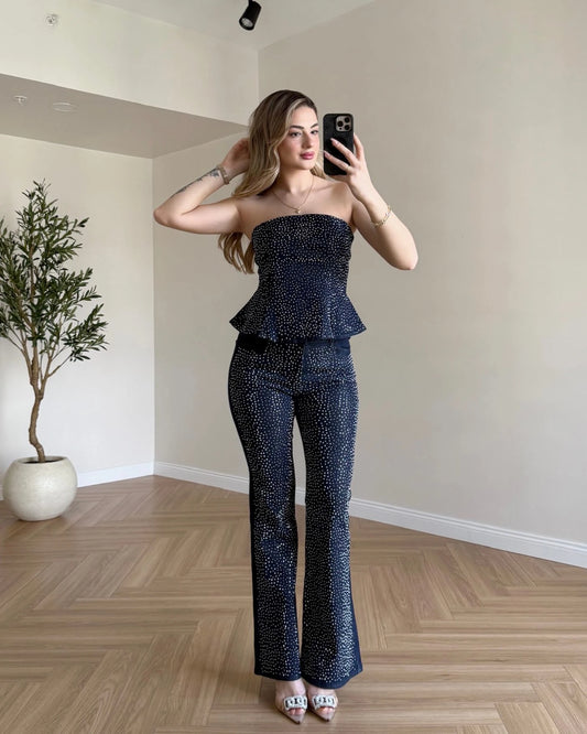Taş Süslemeli Straplez Denim Takım - Lacivert