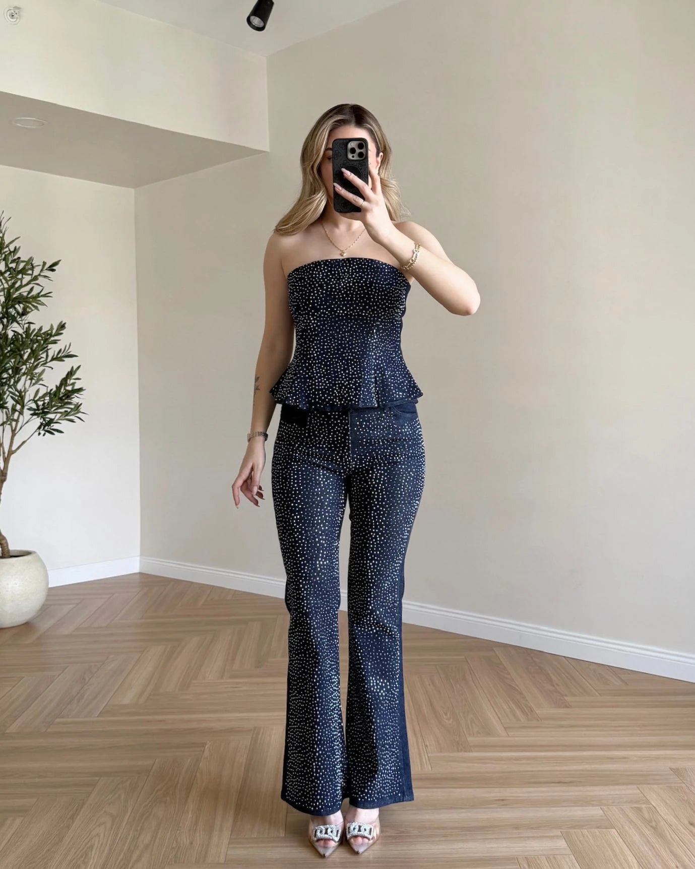 Taş Süslemeli Straplez Denim Takım - Lacivert