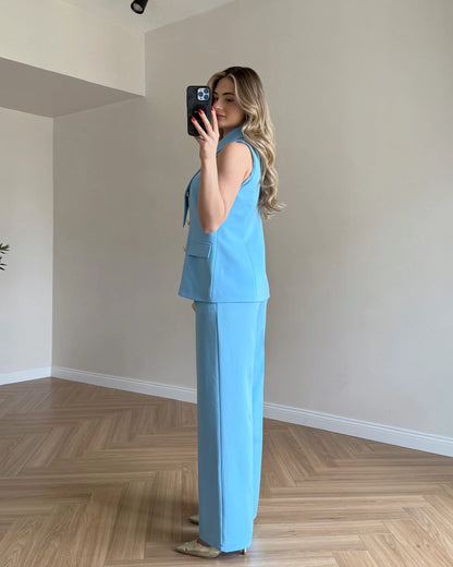 Tasarım Yakalı Yelek Pantolon Set - Bebe Mavi