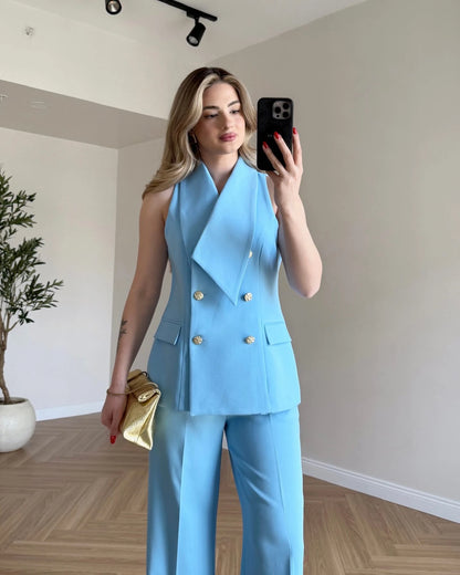 Tasarım Yakalı Yelek Pantolon Set - Bebe Mavi