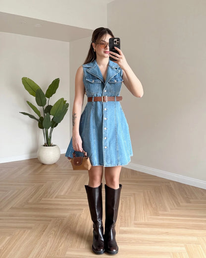 TOMY Kemerli Denim Elbise - Açık Mavi