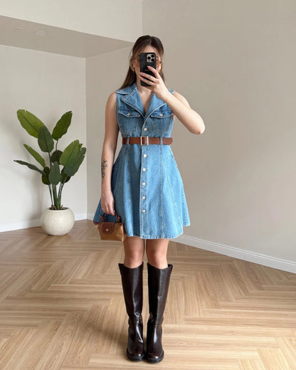 TOMY Kemerli Denim Elbise - Açık Mavi