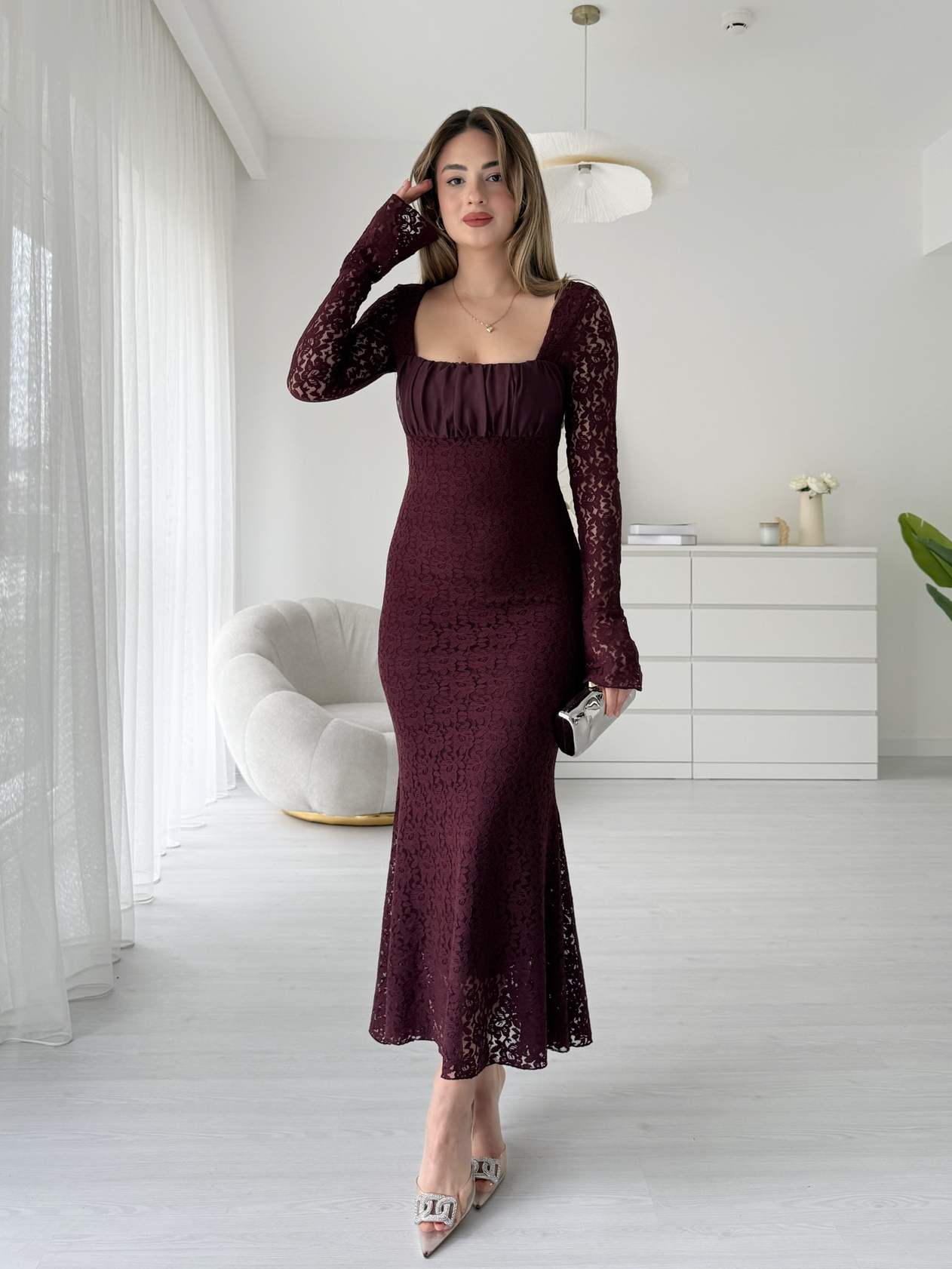 Tül Yaka Astarlı Maksi Dantel Elbise - Bordo