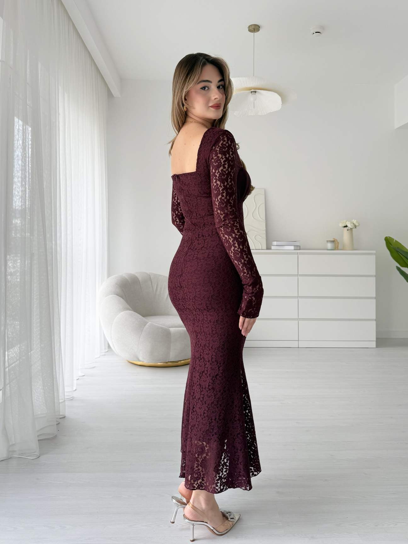 Tül Yaka Astarlı Maksi Dantel Elbise - Bordo