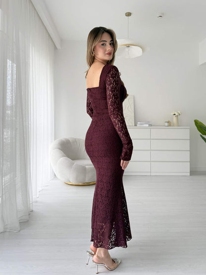 Tül Yaka Astarlı Maksi Dantel Elbise - Bordo
