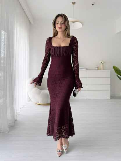 Tül Yaka Astarlı Maksi Dantel Elbise - Bordo
