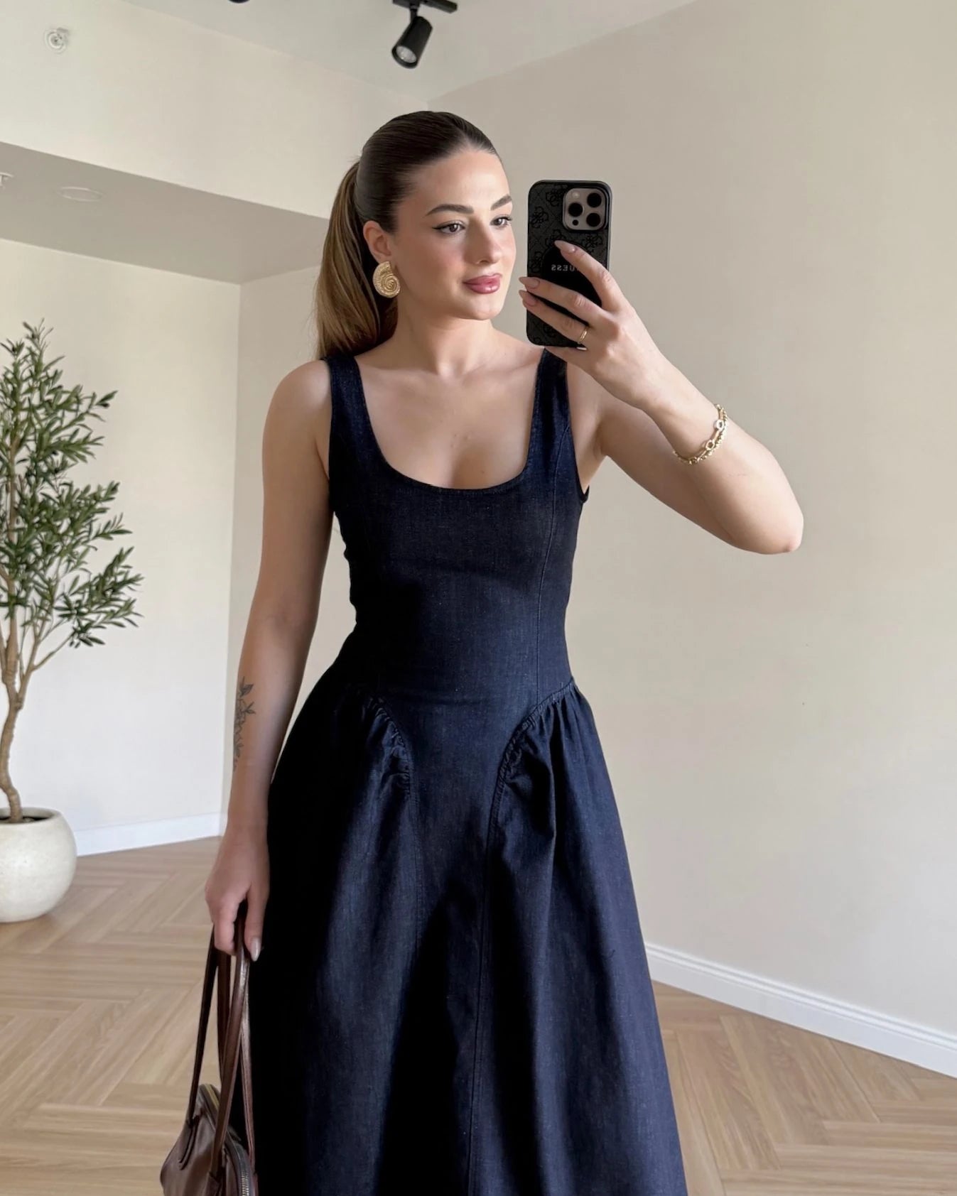 U Yaka Bel Bağlamalı Denim Elbise - Lacivert