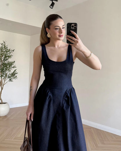 U Yaka Bel Bağlamalı Denim Elbise - Lacivert
