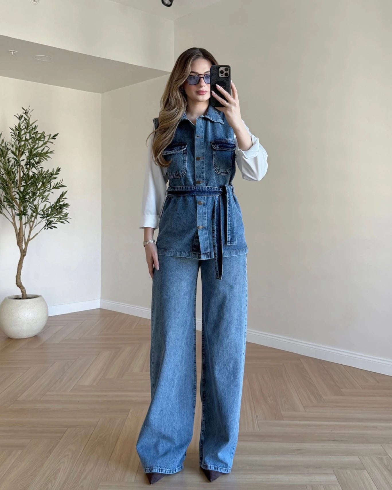 Üç Parça Gömlekli Denim Takım - Koyu Mavi