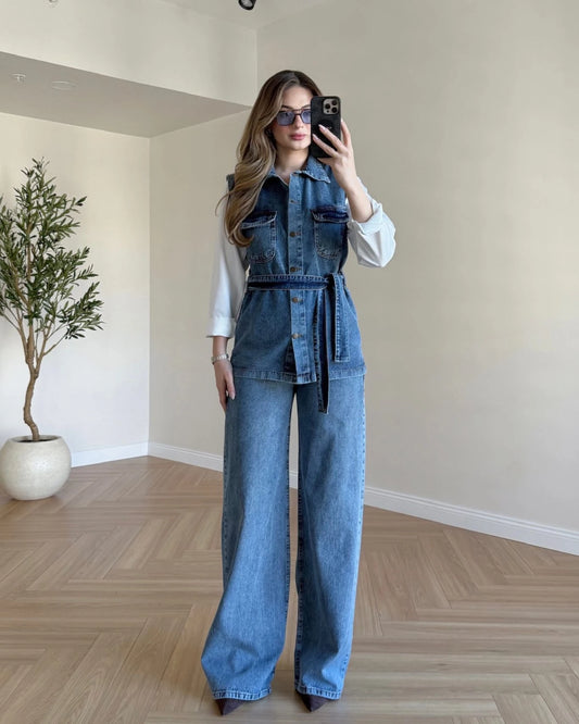 Üç Parça Gömlekli Denim Takım - Koyu Mavi