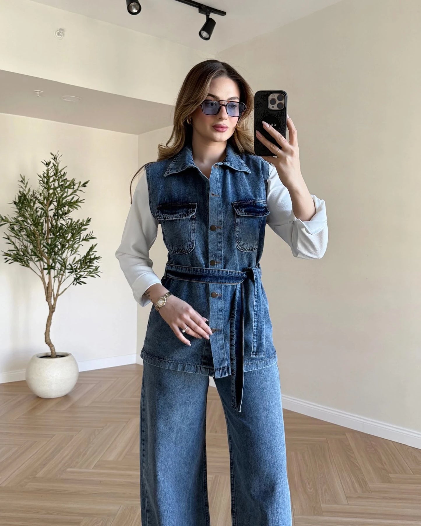 Üç Parça Gömlekli Denim Takım - Koyu Mavi