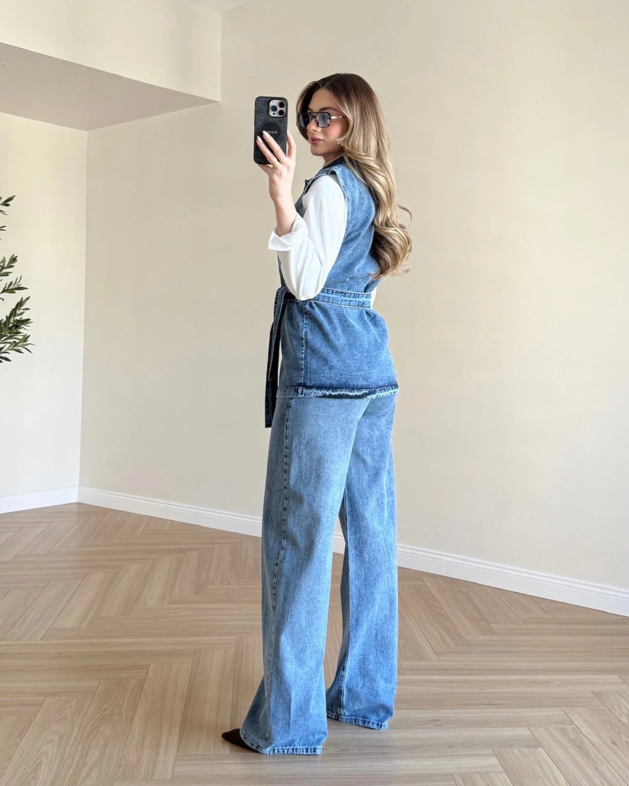 Üç Parça Gömlekli Denim Takım - Koyu Mavi