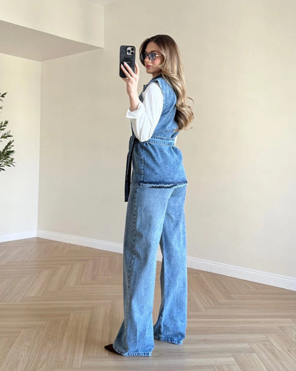 Üç Parça Gömlekli Denim Takım - Koyu Mavi