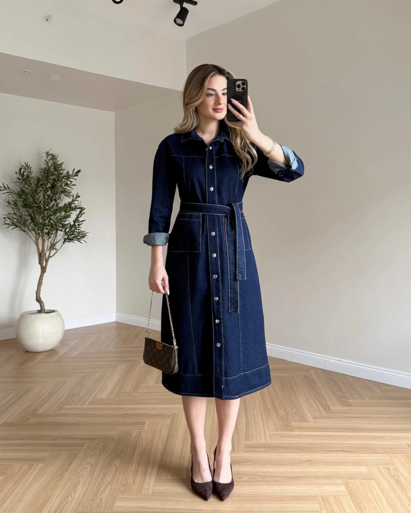 Uzun Kol Çıtçıtlı Denim Elbise - Lacivert