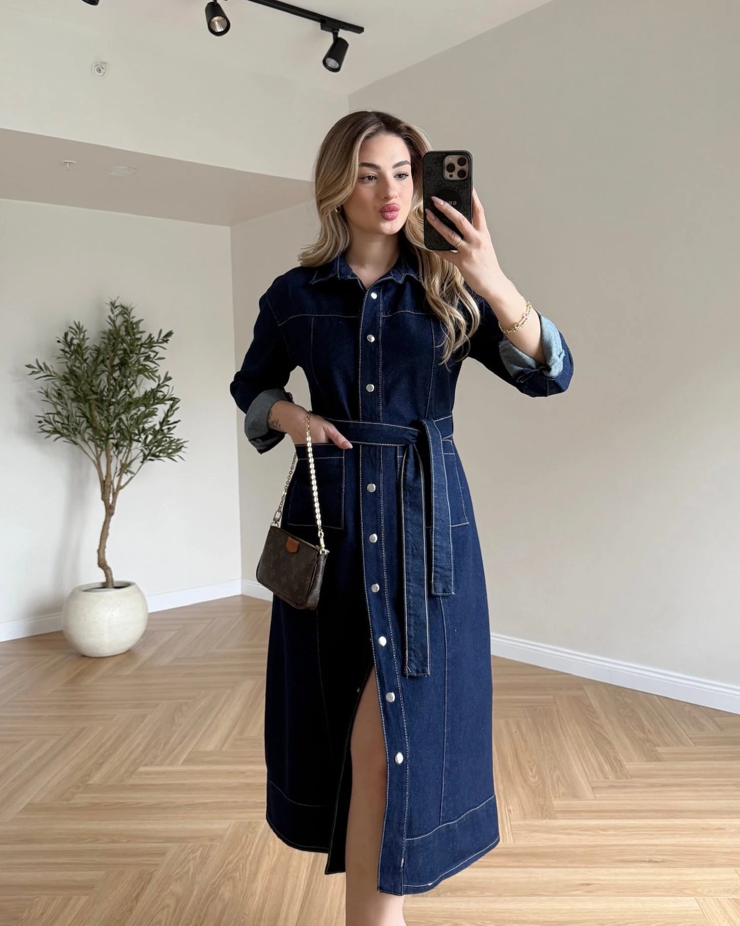 Uzun Kol Çıtçıtlı Denim Elbise - Lacivert