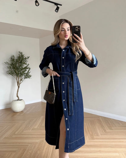 Uzun Kol Çıtçıtlı Denim Elbise - Lacivert