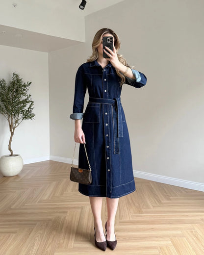 Uzun Kol Çıtçıtlı Denim Elbise - Lacivert