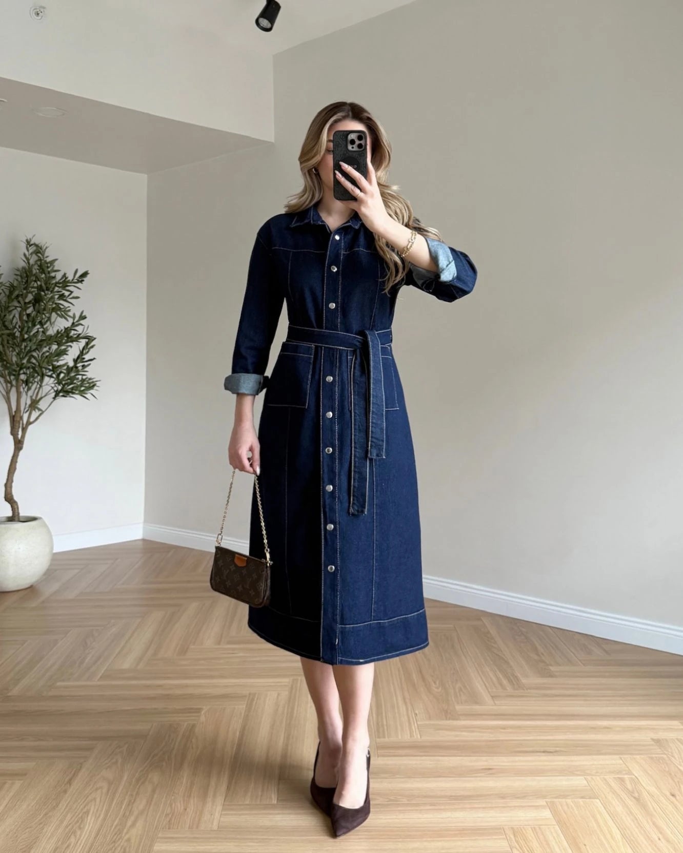 Uzun Kol Çıtçıtlı Denim Elbise - Lacivert