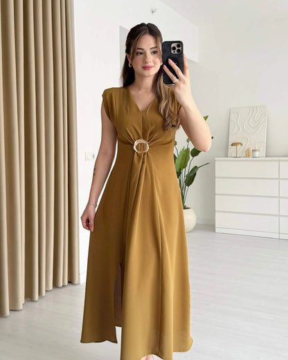 V Yaka Vatkalı Gold Tokalı Elbise - Yağ Yeşili