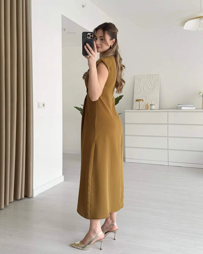 V Yaka Vatkalı Gold Tokalı Elbise - Yağ Yeşili