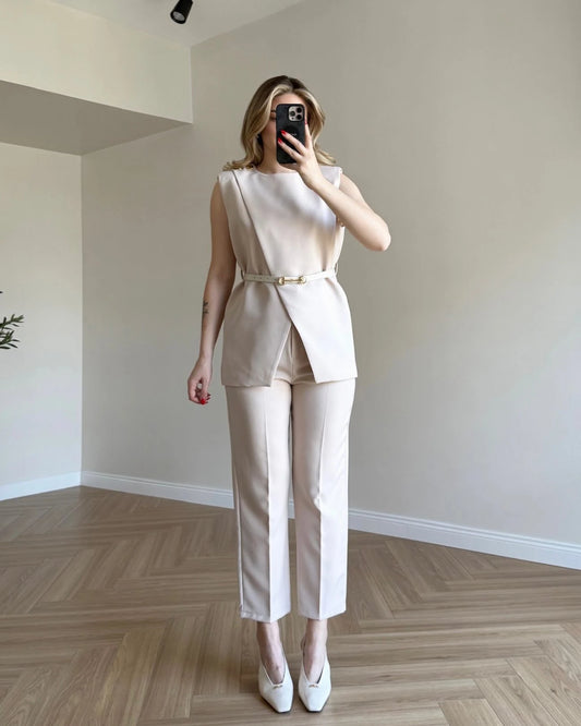 Vatkalı Yelek Pantolon Takım - Bej