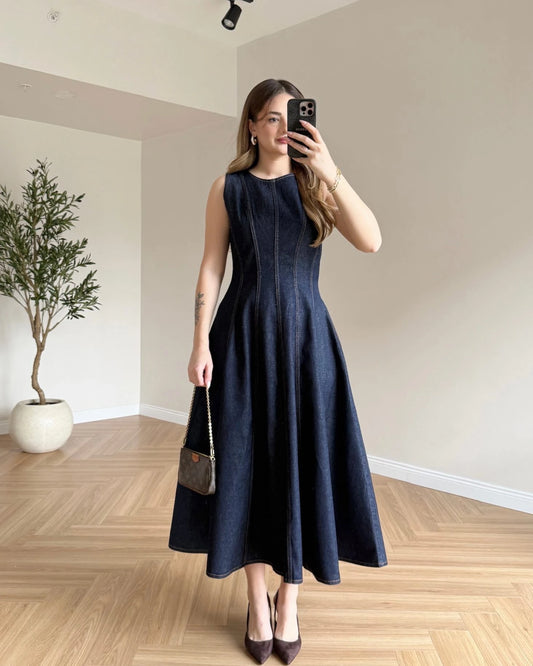 Volanlı Sıfır Kol Denim Elbise - Koyu Mavi