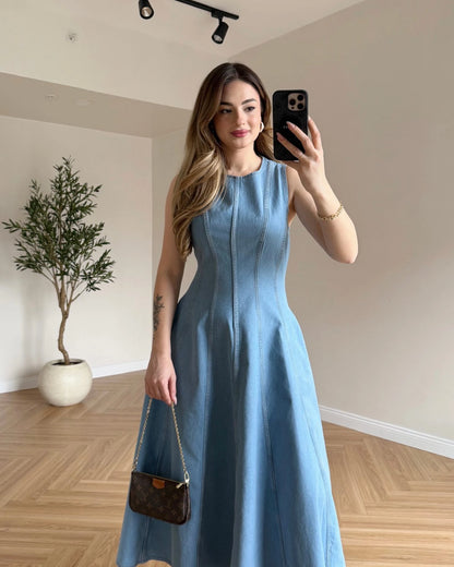 Volanlı Sıfır Kol Denim Elbise - Açık Mavi